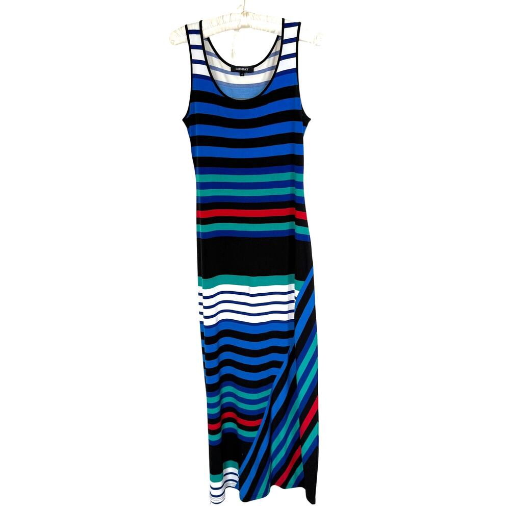 Ellen Tracy Striped Maxi Dress Size 4 Coastal Resort Stretch Sleeveless
